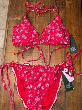 wild fable Bright Red Floral Ruffle Tie Bandeau Bikini Set